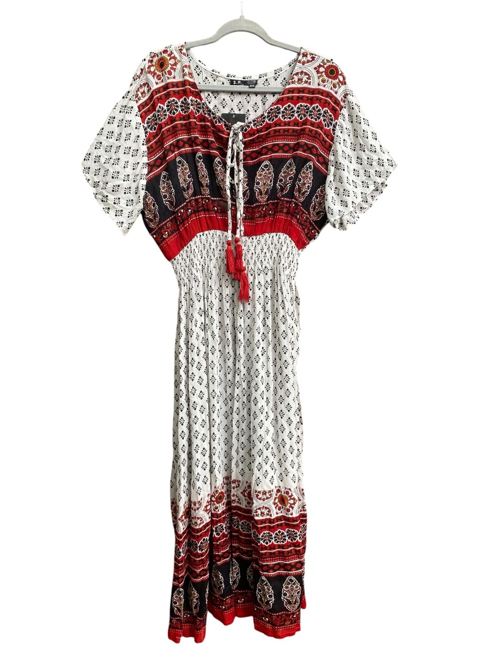 NWT S.R. Fashions Boho Maxi Dress Geometric V-Neck Smocked Womens Plus Size 2X